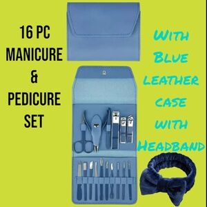 16 Pieces Blue Leather Manicure and Pedicure Set With Headband